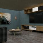 Nowoczesny salon z eleganckimi meblami i abstrakcyjnymi obrazami na ścianie