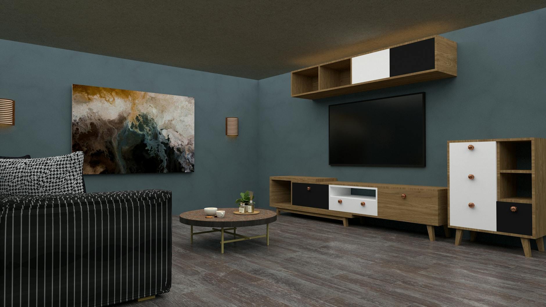 Nowoczesny salon z eleganckimi meblami i abstrakcyjnymi obrazami na ścianie