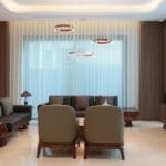 Nowoczesny salon z minimalistycznymi meblami i nastrojowym oświetleniem