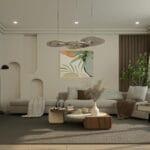 Nowoczesny salon w neutralnych barwach z wygodną sofą i minimalistycznym wystroj