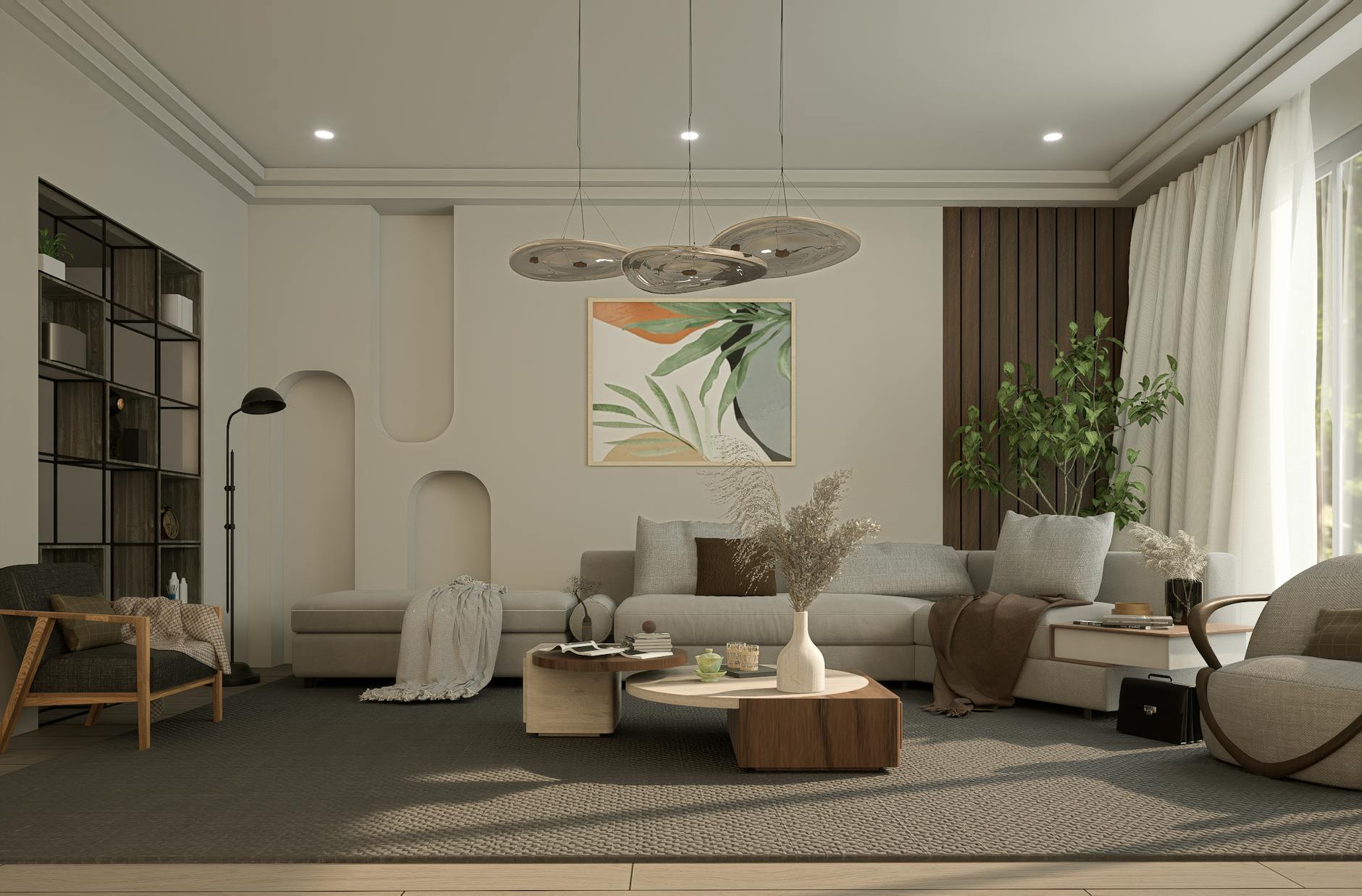 Nowoczesny salon w neutralnych barwach z wygodną sofą i minimalistycznym wystroj